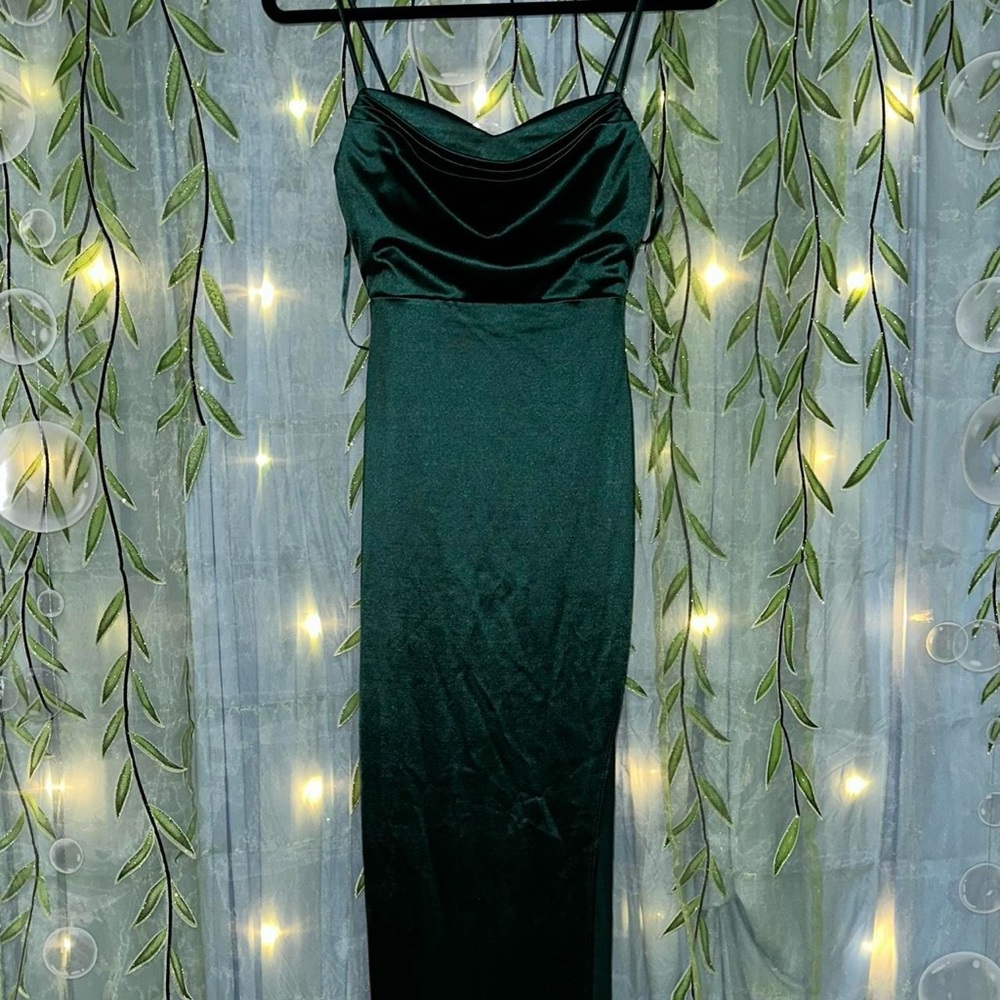 Alpha C Emerald Green Satin Prom Gown With High Split